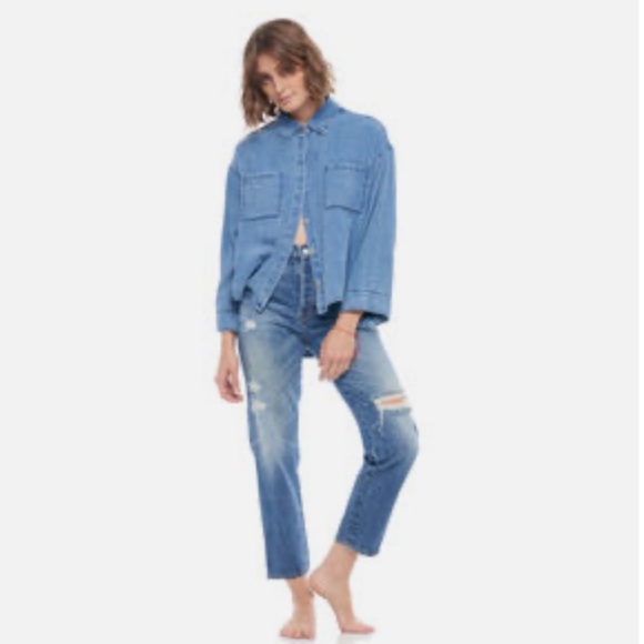 Chemise En Jean Sandrine Rose Effet Usé Brodé - Taille 36, Couleur écru, Comme Neuf